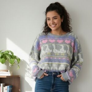 Vtg Arielle Gray Pastel Knit Goose Kawaii Fairy Kei Intarsia Crewneck Sweater